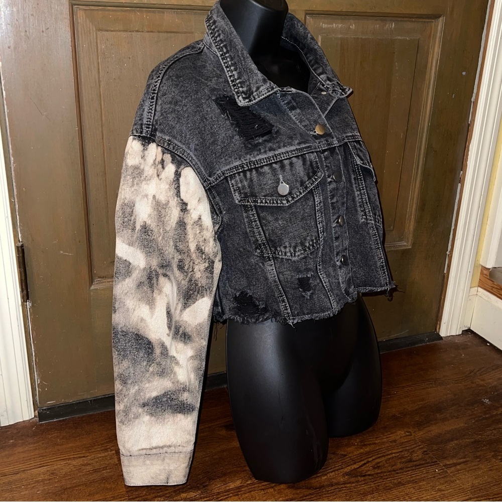 Black Distressed Punk Gray Acid Wash Sleeves Crop Moto Button Up Jacket Size S - Picture 4 of 12